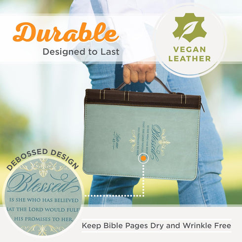 Light Blue and Brown Faux Leather Fashion Bible Cover | Blessed is She Who Has Believed Luke 1:45 | Large Book Cover