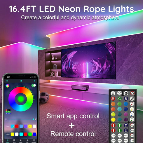 RCUICA 16.4FT LED Neon Rope Lights Waterproof with Smart App Control Remote,DIY Scene Modes,Music Sync