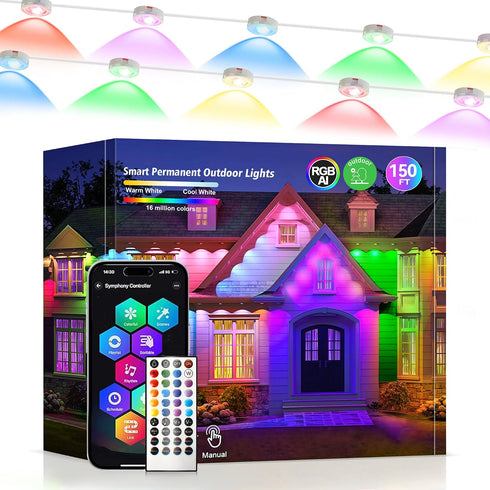 Permanent Outdoor Lights 150ft RGB+IC Outdoor String Lights App Control IP67 Waterproof,100