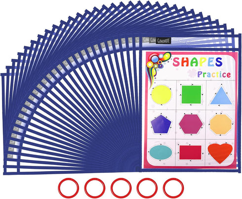 Gamenote Dry Erase Pockets 30 Pack with Rings, Oversized Reusable Plastic Sleeves for Classroom Organization