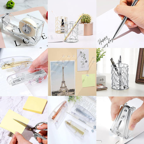 Office Desk Accessories Set - Acrylic Stapler Set with Staple Remover, Tape Holder, Pen Holder, Clips, and Staples
