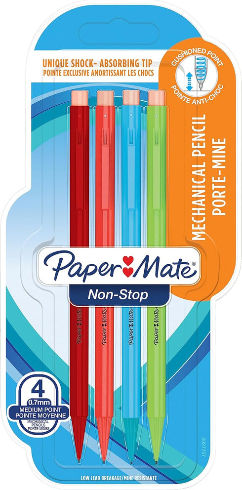 Paper Mate Non-Stop Mechanical Pencil, 0.7mm, HB #2, Assorted Neon Barrel Colours, 4 Count