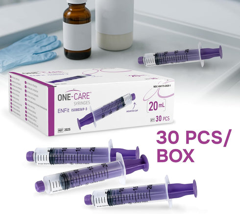 20ml (Pack 30) 30/bx Blister-Packed ONE-CARE Syringes ENFit of with Mounted Cap, Sterile, Syringes