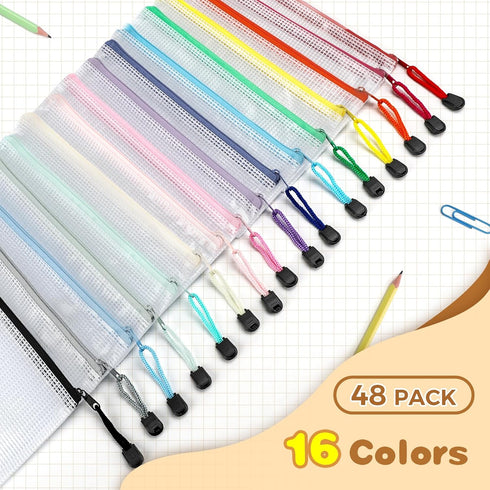 Umriox 48pcs Pencil Pouches, A6 Size Mesh Bags with Zipper, Waterproof Storage Bags for School and Office Supplies