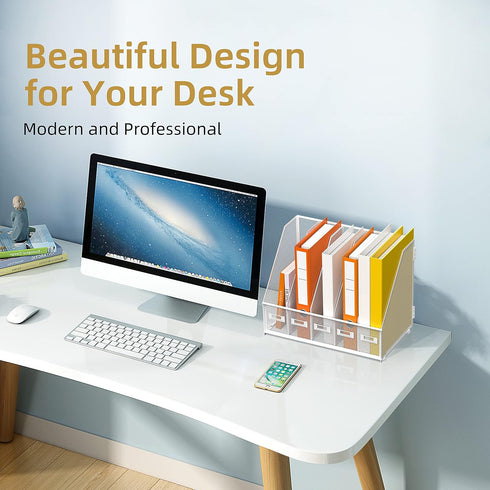 DALTACK Desk Organizers Magazine Binder Folder Holder with 5 Vertical Compartments, Metal Mesh, White