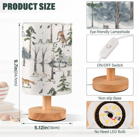 YYZZH Table Lamp Watercolor Woodland Animal Pattern Fox Rabbit Hedgehog Bird Nightstand Lamp with Wood Base Fabric Lamp