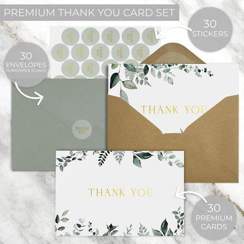 Set 30 ZICOTO Beautiful Thank You Card - Elegant Blank Cards with Envelopes & Stickers - Ideal for Weddings, Business