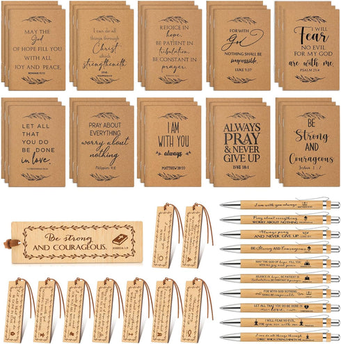 Fuutreo 90 Pcs Christian Gifts Bulk, 30 Bible Verse Notebooks, Bamboo Ballpoint Pens, and Religious Bookmarks for
