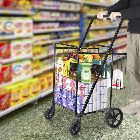 Compact Folding Grocery Cart with Dual Baskets - Black