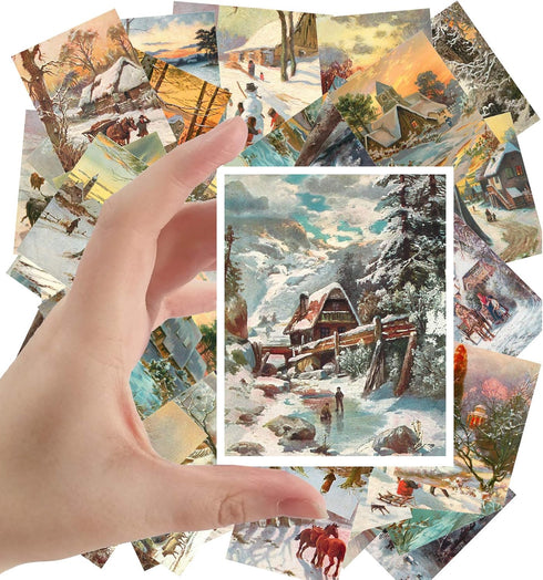 Large Winter Country Landscapes Stickers (24 pcs 2.5"x3.5") Vintage Christmas Art