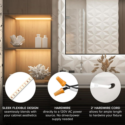 18 690 3000K 120V Maxxima in. Hardwired LED Under Cabinet Strip Light, Lumens, Warm White, Kitchen and Living Room