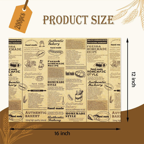 200Pcs Food Paper Sheets, 12"x16" Grease Resistant Food Wrapper Paper, Newspaper Theme Gift Wrapping Paper, Large Size Tray Liner, for Home Kitchen Baking, Picnic, Party, Kraft Paper