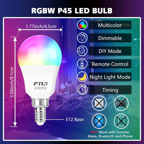 E12 Bulb 5W 40W A15 Bulb 2700K-6000K, 30 E12 Bulb Dimmable,Timer, 2 Modes,6-Pack FTL LED Light Color Changing