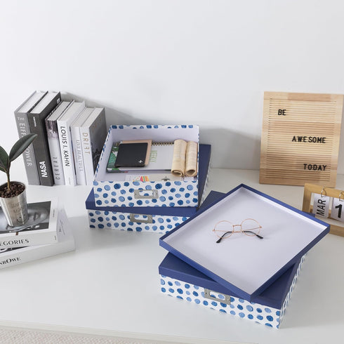 Soul & Lane Blue Spots Decorative Storage Boxes with Lids, Set of 3 Memory Boxes for Organizing Keepsakes