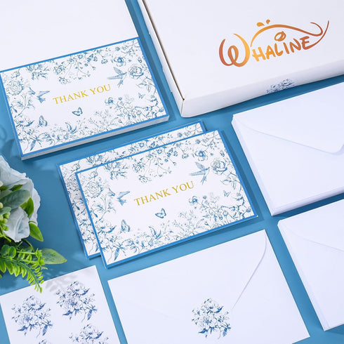 50 Pack Whaline Blue Floral Gold Foil Thank You Cards Boxed Greeting Cards with Envelopes Stickers Vintage Flower Bird