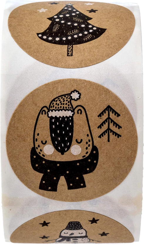 Black and White Holiday Animals Christmas Stickers, 500 Labels, 1.5" Round Winter Animals Envelope Seals, 6 Festive