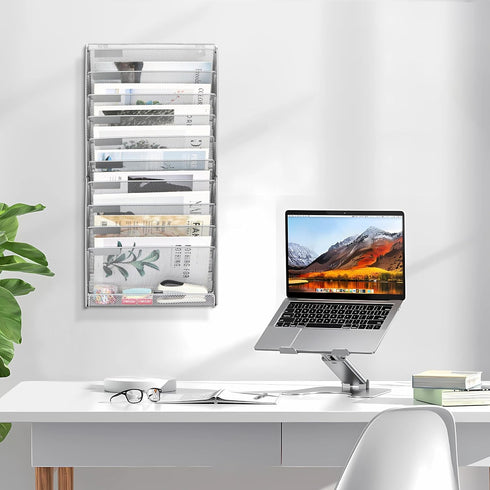 EasyPAG Mesh Wall File Holder, 11 Tier Office Hanging File Organizer, Silver Magazine Mails Rack for Papers and