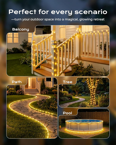 2 Pack 78FT 200LED IP65 8 Brightown Solar Rope Lights, Total Warm White Solar String Lights Outdoor, Waterproof Solar