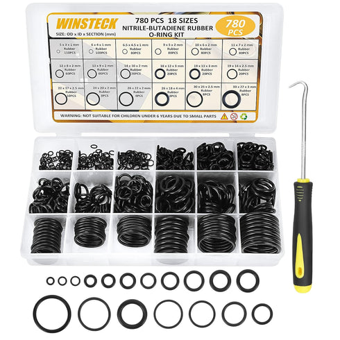 O Ring Assortment Kit, 780 PCS Rubber O Ring Set with 180° Full Pick & Hook Tool, 18 Sizes for Automotive, Hose, Faucet
