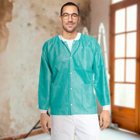 45 3 AMZ Medical Supply Disposable Lab Jackets, GSM SMS, Snap Front Coat with Knit Cuffs Collar & Pockets, Hip Length