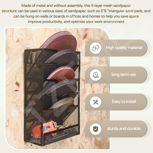Hanging 5-Tier Mesh Sandpaper Organizer, Metal Storage Rack for 5 Inch and 6 Inch Sandpapers (Excludes Sandpaper)