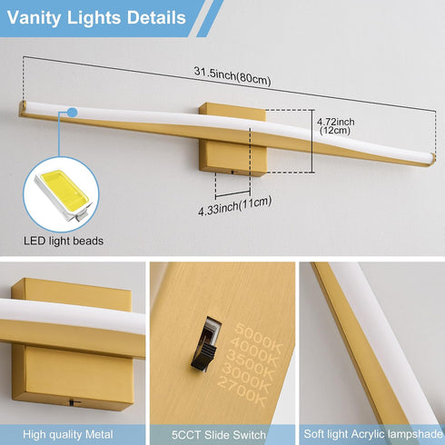 32 inch, Dimmable 5CCT Modern Bathroom Vanity Light Curved, Led Bathroom Light Fixture Over Mirror, Gold Bar Vanity