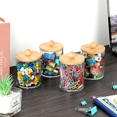 BTSKY 4 Pack PaperClip Holders with Bamboo Lid, Round Binder Holder for Desk, Clear Paper Clip Dispenser