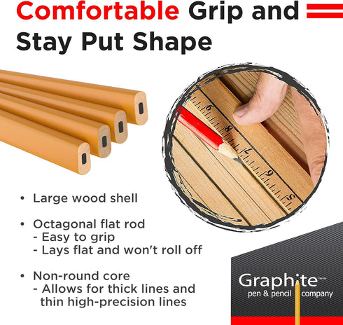GRAPHITE Hard Lead Carpenter Pencils Bulk, Pack of 12 #2 (HB) Yellow Wooden Pencils