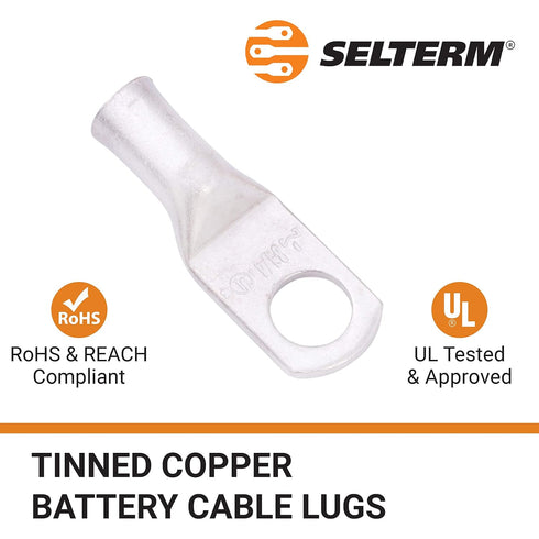 SELTERM 2pcs 8 AWG 1/4" Stud Tinned Copper Wire Lugs, Battery Cable Ends Ring Terminal Connectors