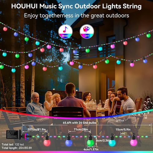 65.6Ft, IP67 26 G40 Bulbs, 5V Smart Outdoor String Lights RGB IC Color Changing LED Patio Light Waterproof with Remote
