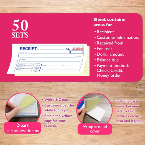 BAZIC PRODUCTS 2-Part 50 Sets 7 1/2" 2 3/4", (50 Sets/Pack), 2-Packs Receipts Book, Money Cash Rent Receipts