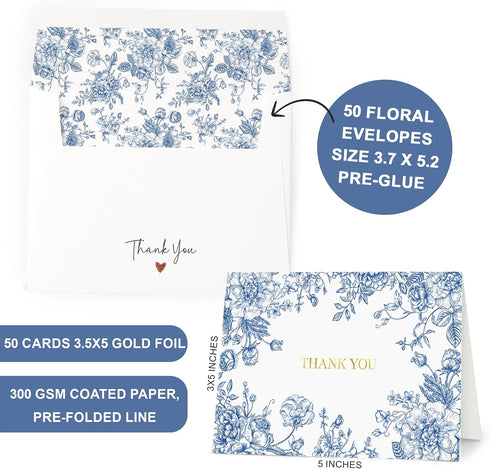 50 Set (3.5x5) AUDREE Thank You Cards with Envelopes - Gold Foil Elegant Blue Floral Thank You Cards with Matching