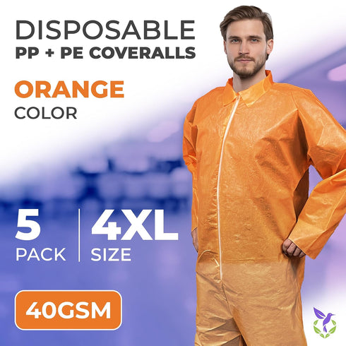 4X-Large, 5 Pack, 40 AMZ Medical Supply Disposable Coveralls Orange, Lightweight GSM PP+PE, Front Zipper, Open Wrists