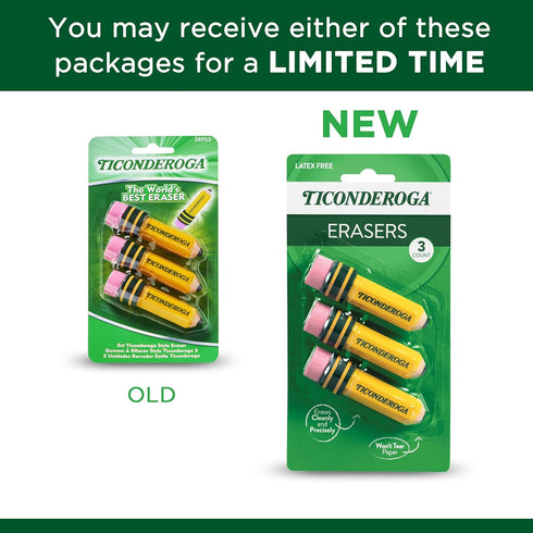 Erasers, Pencil Shaped, Latex-Free, Yellow, 3-Pack (38953) TICONDEROGA