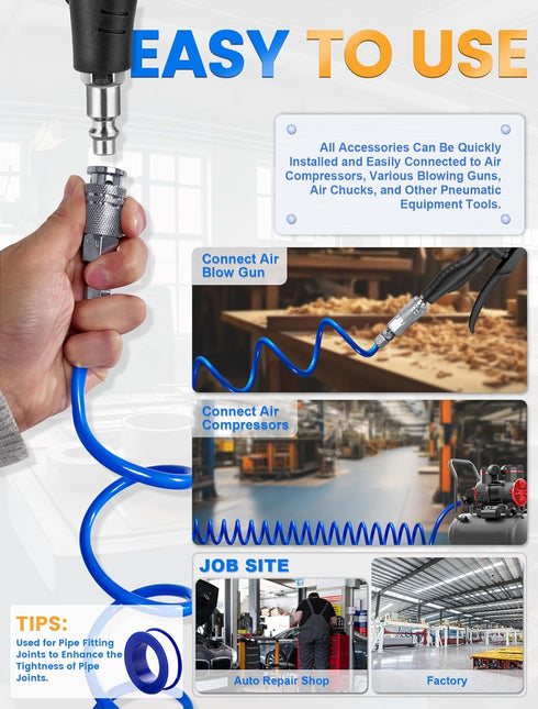 25 Feet Repairable EVA Recoil Air Hose, 1/4" NPT Quick Coupler and I/M Plug Kit, 200PSI Max
