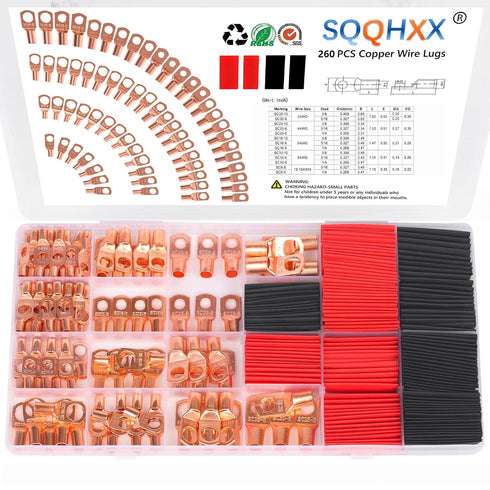 260Pcs Copper Wire Lugs, Battery Cable Ends AWG 2 4 6 8 10 12 Gauge Wire Connectors with Heat Shrink Set