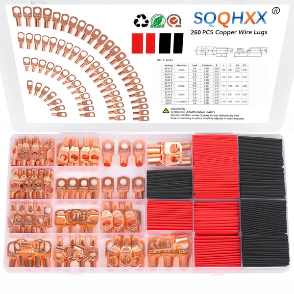 260Pcs Copper Wire Lugs, Battery Cable Ends AWG 2 4 6 8 10 12 Gauge Wire Connectors with Heat Shrink Set