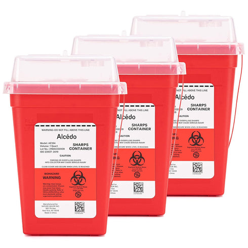 Alcedo Sharps Container 3-Pack for Home Use, 1 Quart Plus Biohazard Needle and Syringe Disposal, Portable for Travel