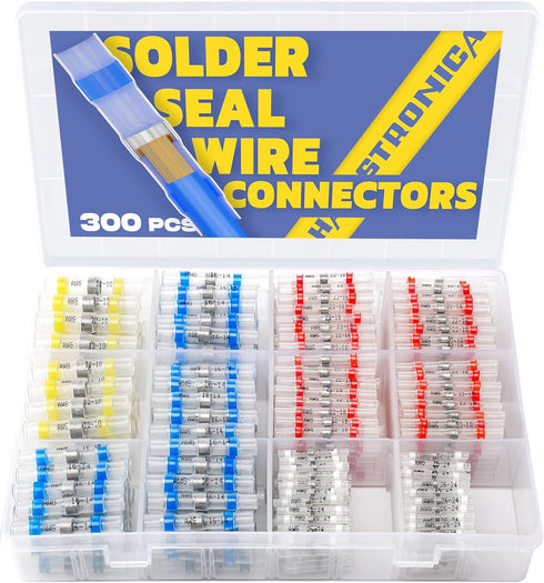 300PCS Solder Seal Wire Connectors - Marine Grade Heat Shrink Butt Connectors for Marine, Stereo (30 Yellow, 70 White,