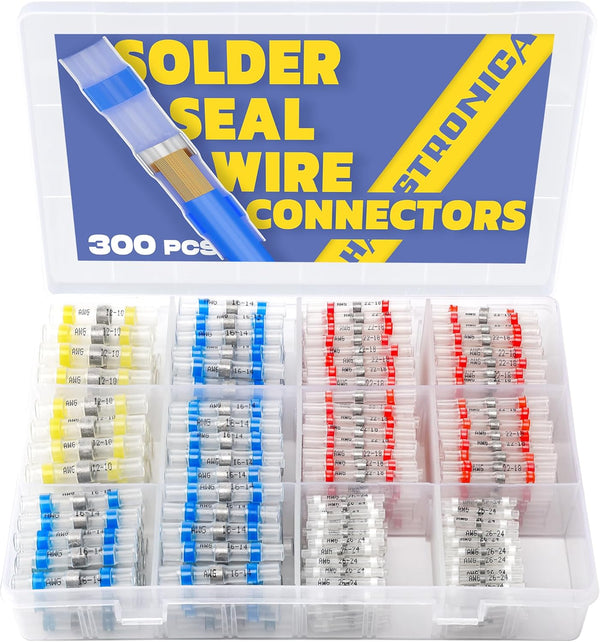 300PCS Solder Seal Wire Connectors - Marine Grade Heat Shrink Butt Connectors for Marine, Stereo (30 Yellow, 70 White,