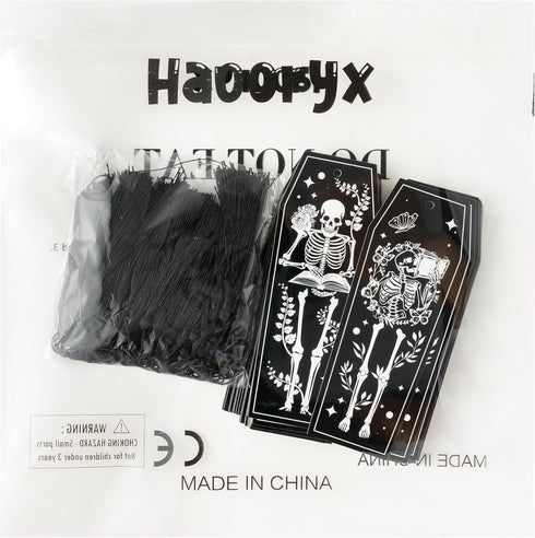 Haooryx Halloween Skeleton Coffin Bookmarks, 60Pcs Gothic Double-Sided Bookmarks with Black Tassels