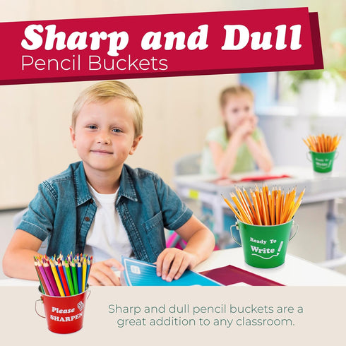 Sharp and Dull Pencil Buckets for Classroom, Set of 2 Metal Tin Pails for Teachers Classroom Management