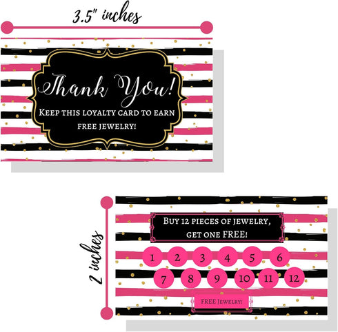 Jewelry Loyalty Cards | 50 Pack Thank You Notes | Black and Pink Stripe with Gold Dots | 5 Bling Buy 12 Get One Free