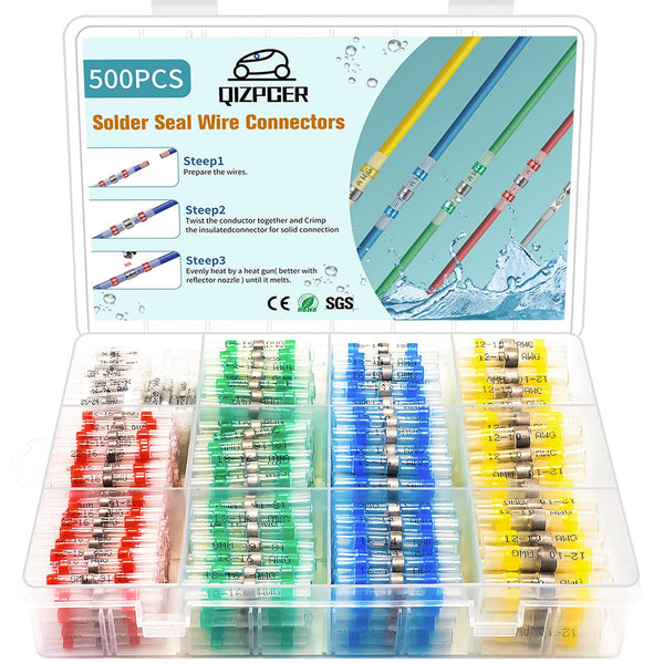500Pcs Solder Seal Wire Connectors Kit, Waterproof Electrical Cable Butt Terminals