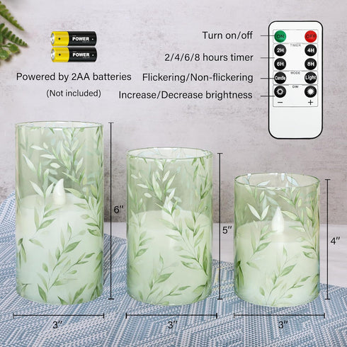 Summer Set 3 Green Flameless Candles with Remote Willow Leaf Design Battery Operated Candles - Elegant Home Christmas