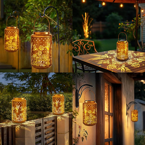 Hummingbird 2 Pack Brizled Solar Lantern Lights, LED Hollow Out Hanging Lantern Lights Outdoor, Warm White Solar Garden