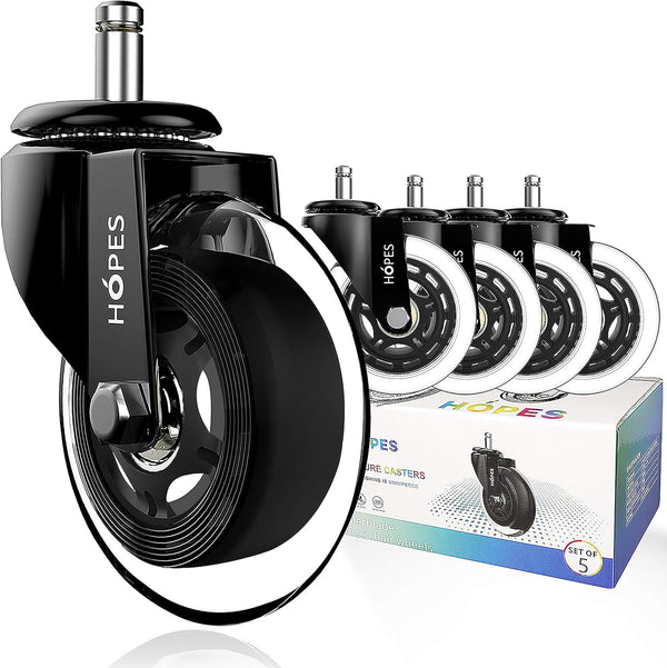 Office Chair Caster Wheels (Set of 5) - Heavy Duty & Safe for All Floors, Rollerblade Style