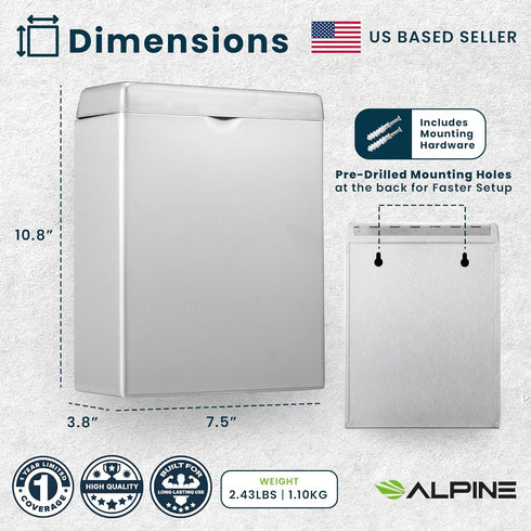 Alpine Sanitary Napkin Receptacle Wall Mounted Tampon Holder For Bathroom Provides Clean & Odor-Free Restroom for Home