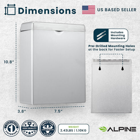 Alpine Sanitary Napkin Receptacle Wall Mounted Tampon Holder For Bathroom Provides Clean & Odor-Free Restroom for Home