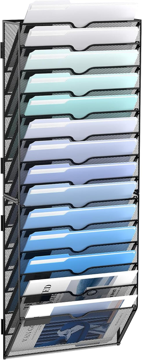 Wall File Organizer, 14 Tier Hanging Wall File Holder, Mail Organizer Wall Mounted for File Folder, Black 2 Pack
